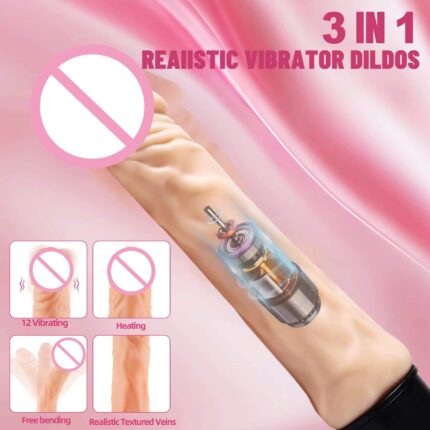 Unisex Silicone Dildo Vibrator Heating 3-in-1 Flexible Toy with 12 Vibrations