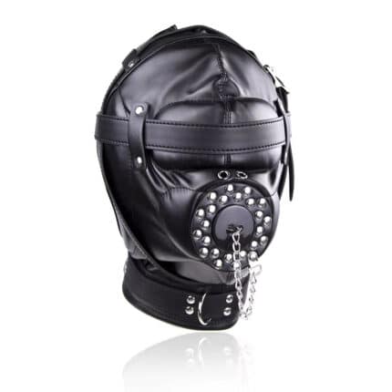 Adjustable BDSM Bondage Hood with Open Mouth Gag Fetish Restraint Mask Fully Enclosed Leather Headgear