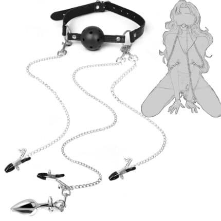 High-Quality BDSM Bondage Kit – Metal Chain Nipple Clamps with Mouth Plug & Anal Plug for Couples Roleplay