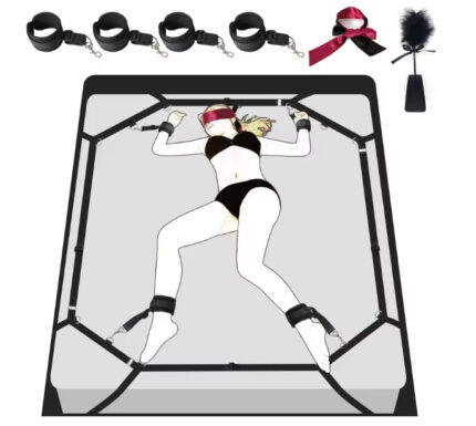 Adult BDSM Bondage Kit Leather Bed Restraints Set with Hand and Ankle Cuffs Blindfold Tickler Sex Toys