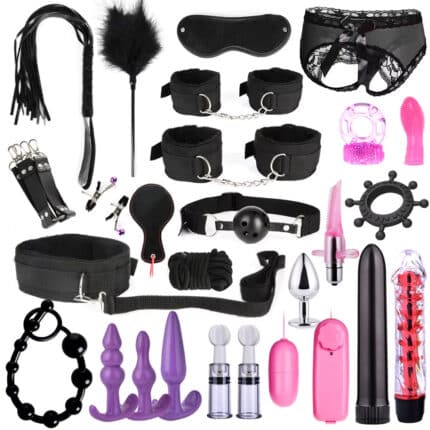 BDSM Bondage Kit – Nipple Clips, Mouth Ball Gag, Whip, Collar & Shackles for Couples Roleplay