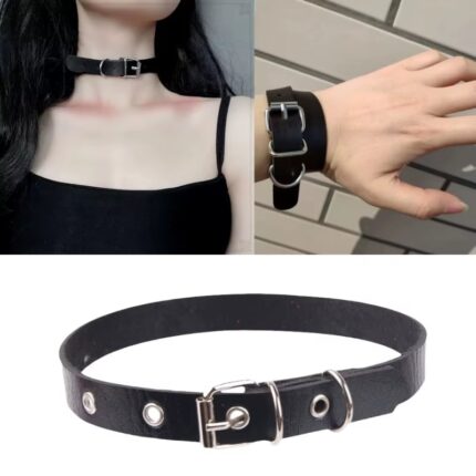 PU Leather BDSM Choker Necklace Adjustable Punk Collar with Handcuffs for Women