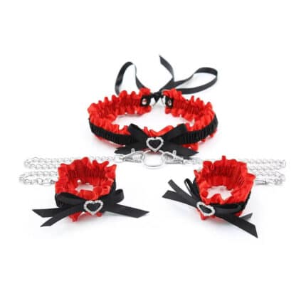 Sexy Bow Heart Necklace BDSM Collar Set with Bell Neckband and Handcuffs Couple Bondage Fun Accessories