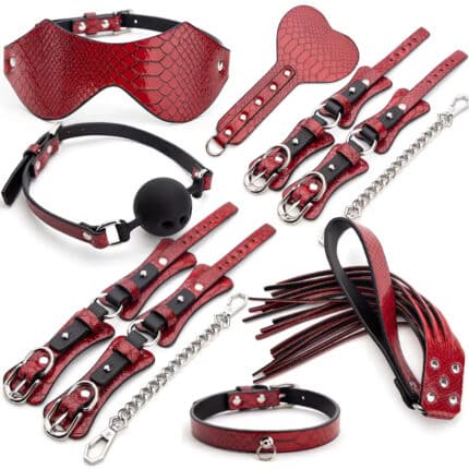High Quality PU Leather Pattern Bondage Set – Japanese BDSM Restraint Kit with Collar, Whip & Mouth Gag
