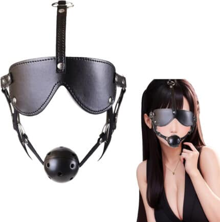 Leather Harness Belt Blindfold Eye Mask with Open Mouth Gag Ball BDSM Toys