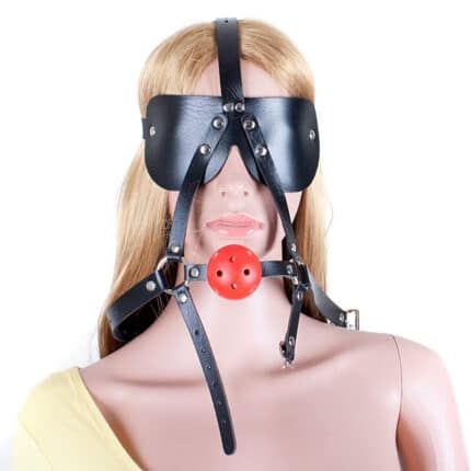 Leather Restraint Blindfold Harness with Breathable Holes Mouth Ball Gag