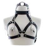 Leather Bondage Harness Set – Metal Mouth Gag Collar with Nipple Clamps & Breast Chain for BDSM Roleplay