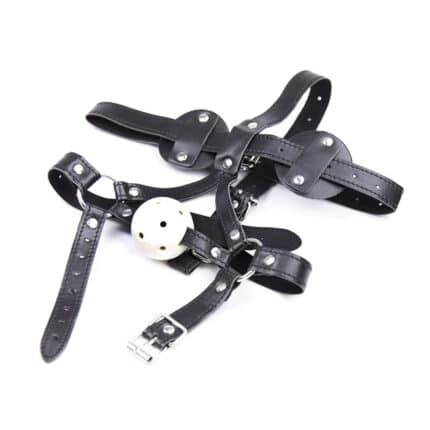 Leather BDSM Headgear – Adjustable Head Cage with Mouth Ball Gag for Bondage Roleplay & Cosplay
