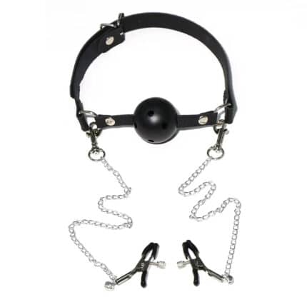 Silicone Breathable Ball Gag with Nipple Clamps Adult Bondage Restraints Mouth Plug SM Sex Play Toy Set