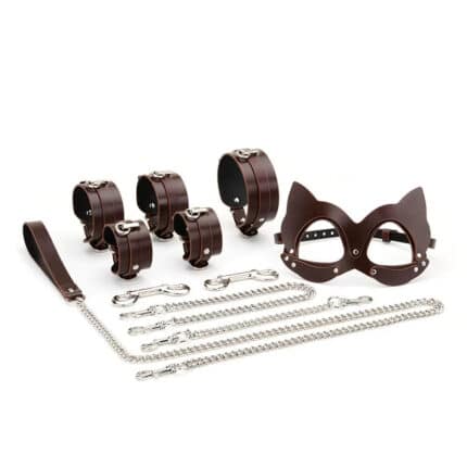 Sex Bondage Restraints Toy Set 7PCS with Cowhide Handcuffs Paddle Collar Harness Leash Mask for Adults Couples