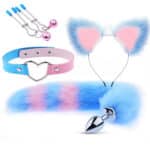 Set of 4 Sexy Flirting Toys for Couples – Fox Tail Anal Plug, Plush Cat Ear Headband, Nipple Clips & Collar Necklace