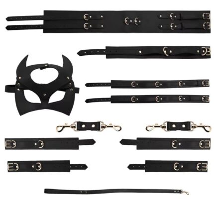 Factory Price Leather BDSM Bondage Kit Mask, Handcuffs & Fetish Restraint Set for Couples